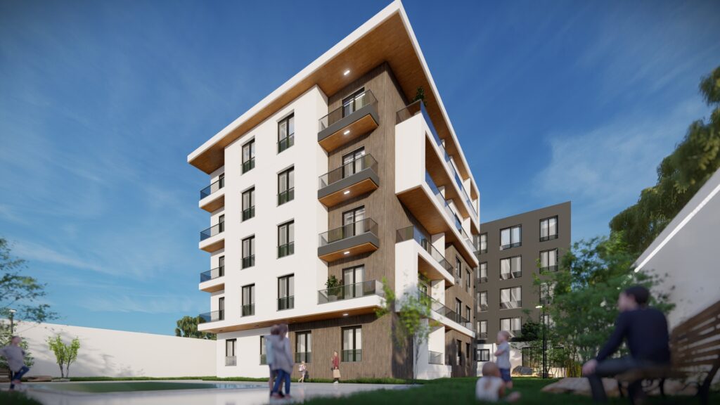 « Les Résidences » – Architecture contemporaine bicolore, balcons suspendus et jardin partagé sous ciel bleu (vue d’angle)