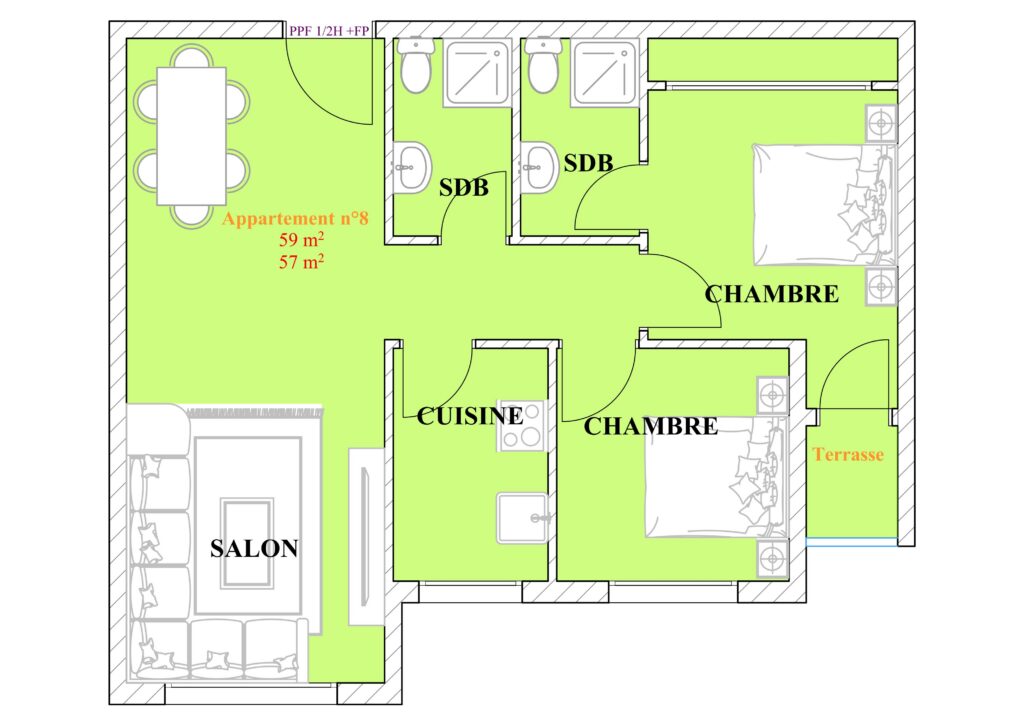 Appartement n°8 – Plan moderne avec terrasse, 2 chambres et double salle de bain (57–59 m²)