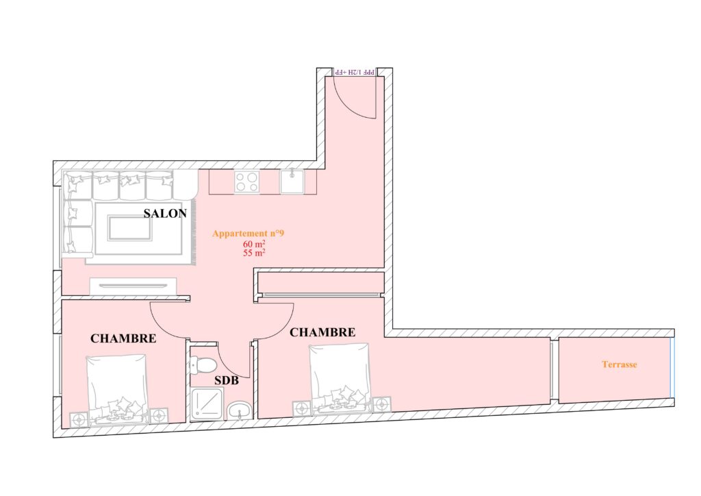 Appartement n°9 – L-shaped moderne avec 2 chambres, terrasse privative et salon ouvert (55–60 m²)