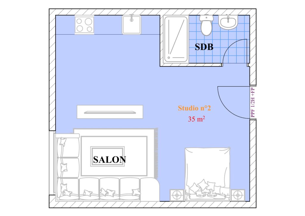 Studio n°2 – Espace ouvert moderne avec coin nuit, cuisine intégrée et salle de bain complète (35 m²)
