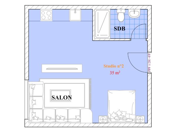 Studio n°2 – Espace ouvert moderne avec coin nuit, cuisine intégrée et salle de bain complète (35 m²)