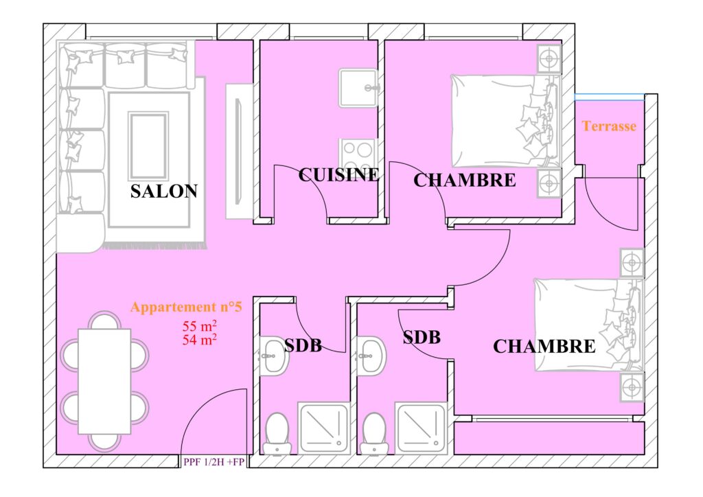 Appartement n°5 – Compact & élégant, 2 chambres avec terrasse, double SDB et salon ouvert (54–55 m²)
