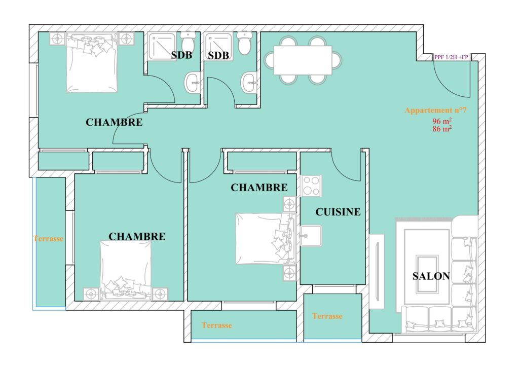 Appartement n°7 – Grand 3 chambres avec triple terrasse, double SDB et salon lumineux (86–96 m²)